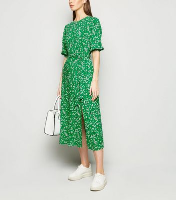 Green Floral Belted Midi Dress | New Look